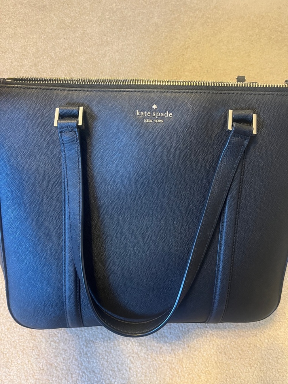 kate spade black saffiano leather shoulder tote with gold accents